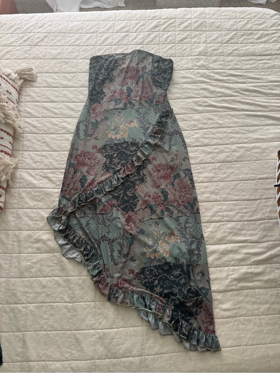 Cider Dresses & Skirts - Cider Asymmetrical Floral Strapless Dress in Sage, Dusty Pink and Teal